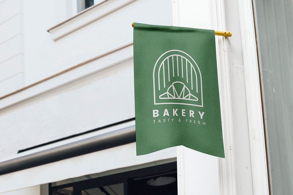 Flag sign mockup, bakery branding psd