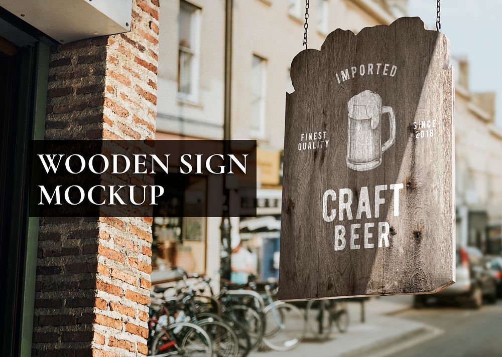 Wooden sign mockup, realistic psd design for bars