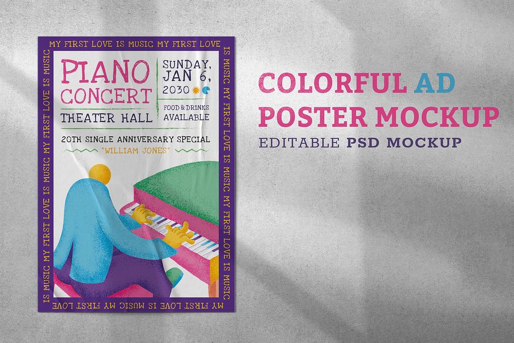 Wall poster mockup, paper colorful design psd