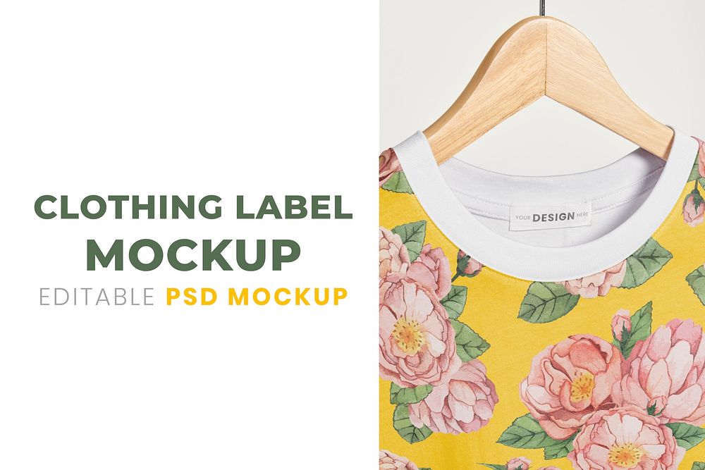 Clothing label mockup, floral t-shirt realistic design psd