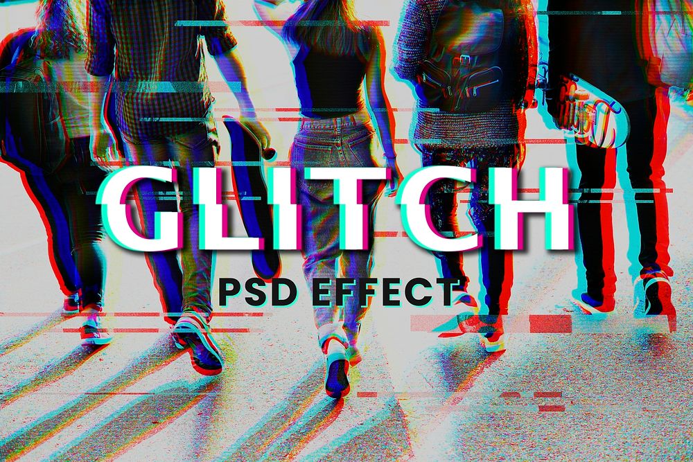 Anaglyph glitch psd effect in 3d tone with group of friends walking remixed media