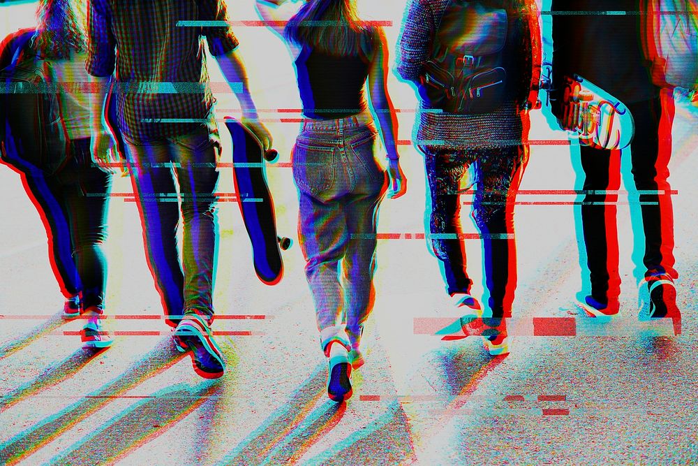 Anaglyph glitch psd effect in 3d tone with group of friends walking remixed media