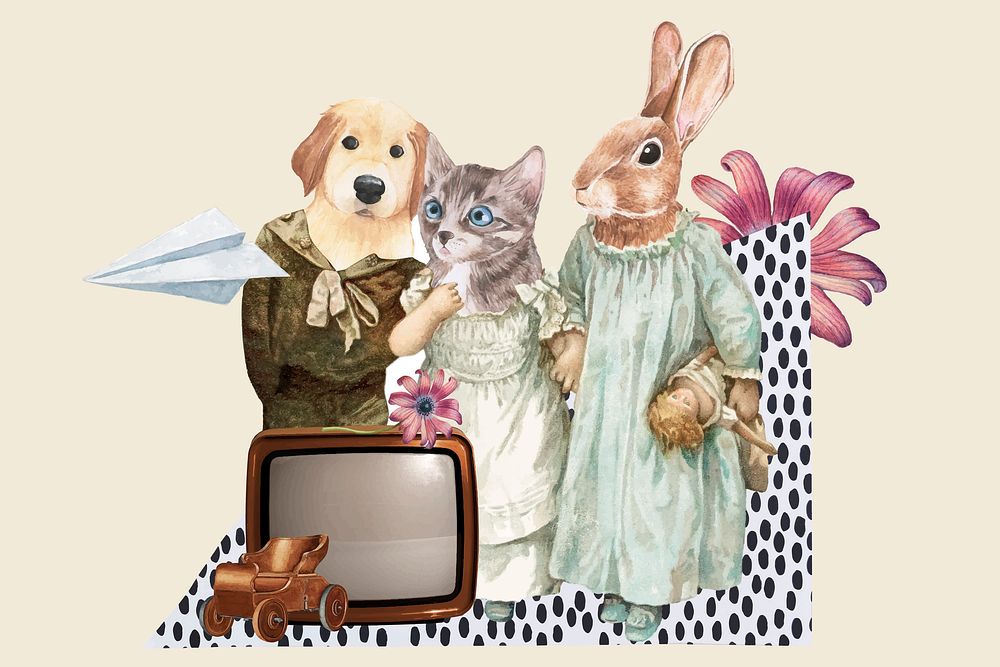 Retro collage aesthetic vector, cute animal illustration mixed media art