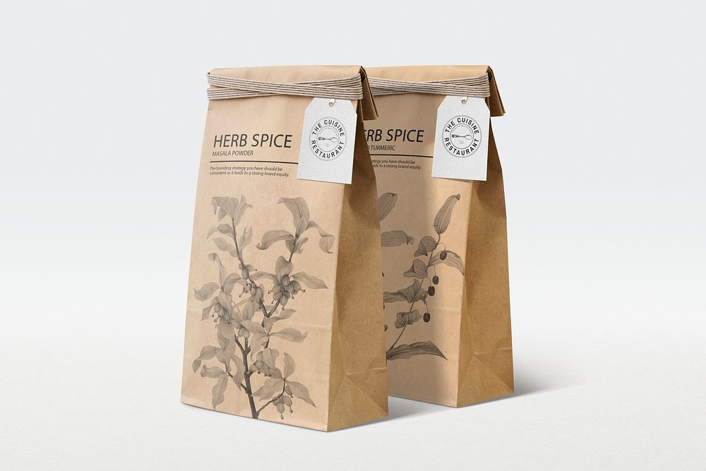 Sustainable paper bag mockup psd, herb & spice packaging