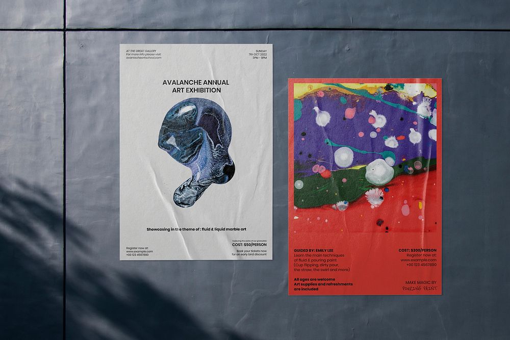 Editable poster mockups on urban wall, psd design