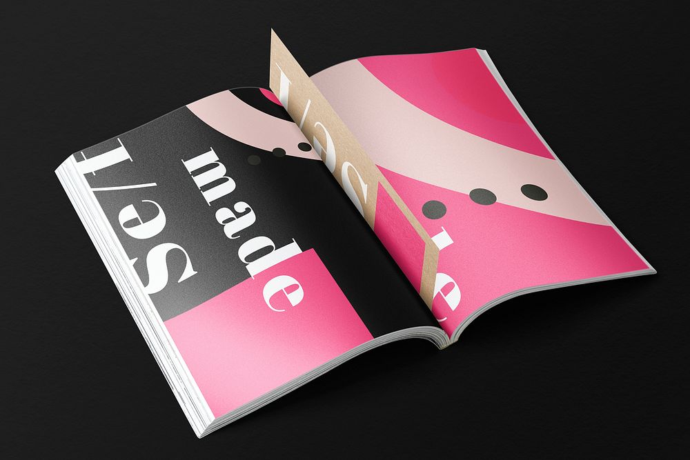 Opened book mockup, pink memphis design, professional publishing psd