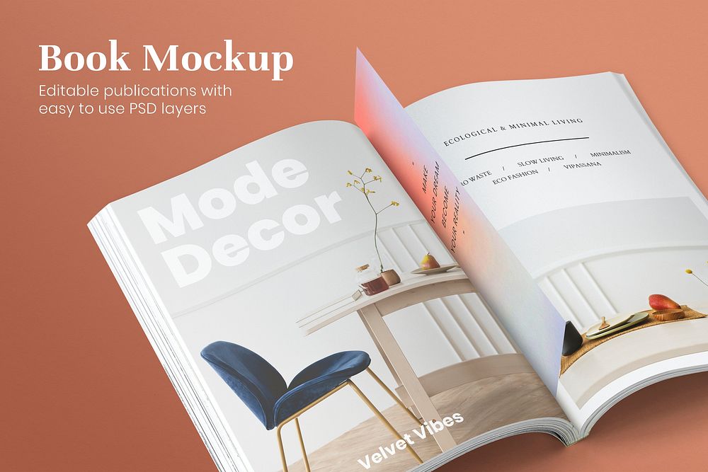Magazine book mockup, editable interior design advertisement page psd