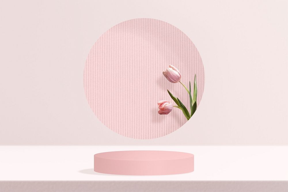Flower product backdrop mockup psd with tulip in pink