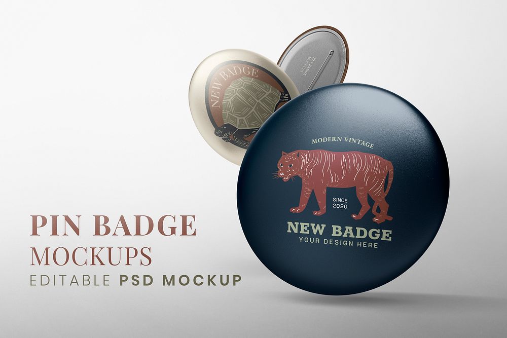 Accessory pin mockup psd set, tiger badge