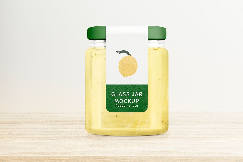 Label mockup, glass jar psd food product packaging