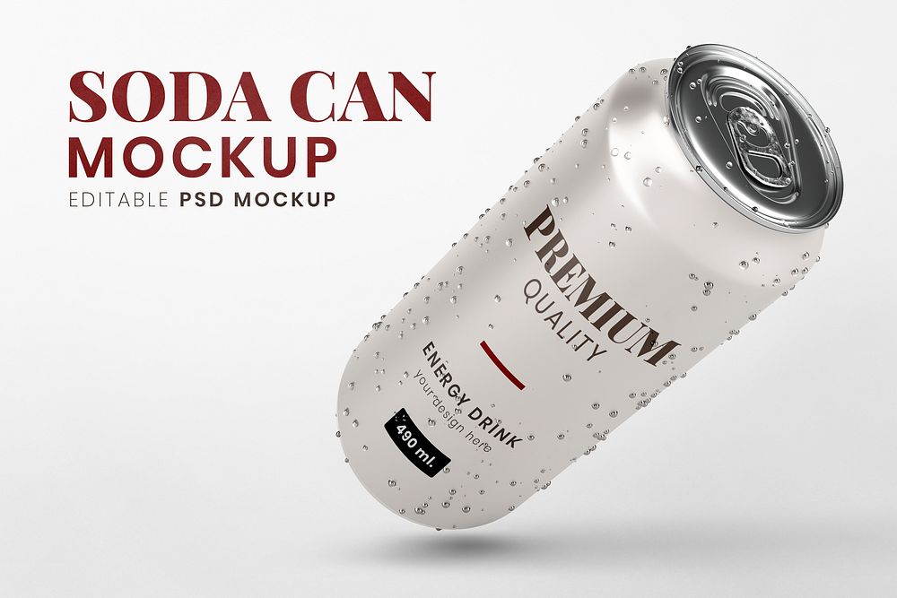 Cold soda can mockup psd, drink product branding