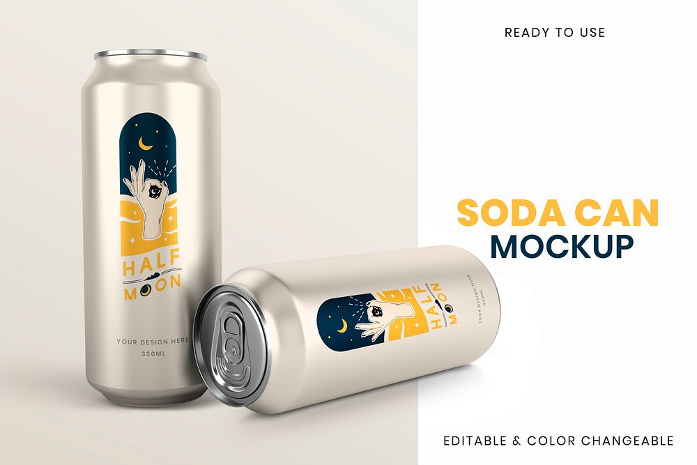 Soda can mockup psd, beverage product packaging