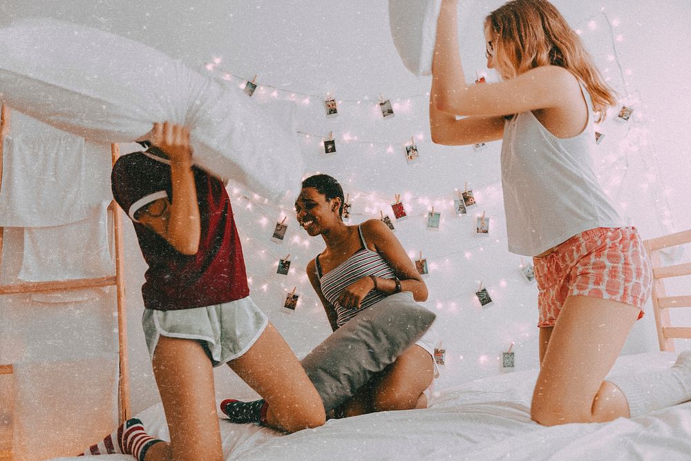 Girls pillow fight, sleepover party aesthetic HD photo