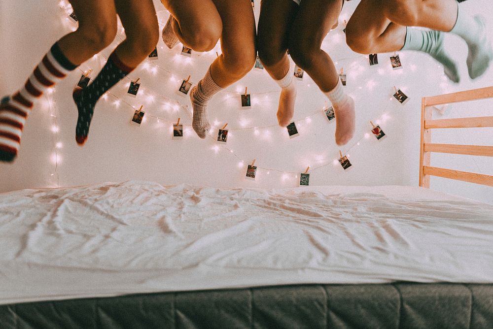 Girls jumping on bed, sleepover party aesthetic HD photo
