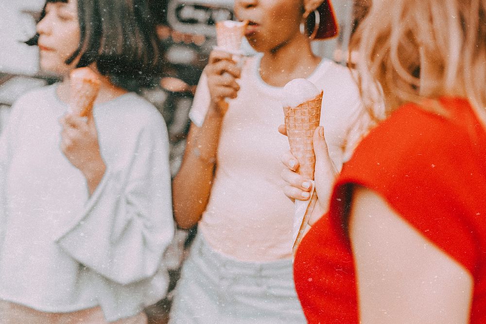 Girls eating ice-cream, summer hangout aesthetic photo