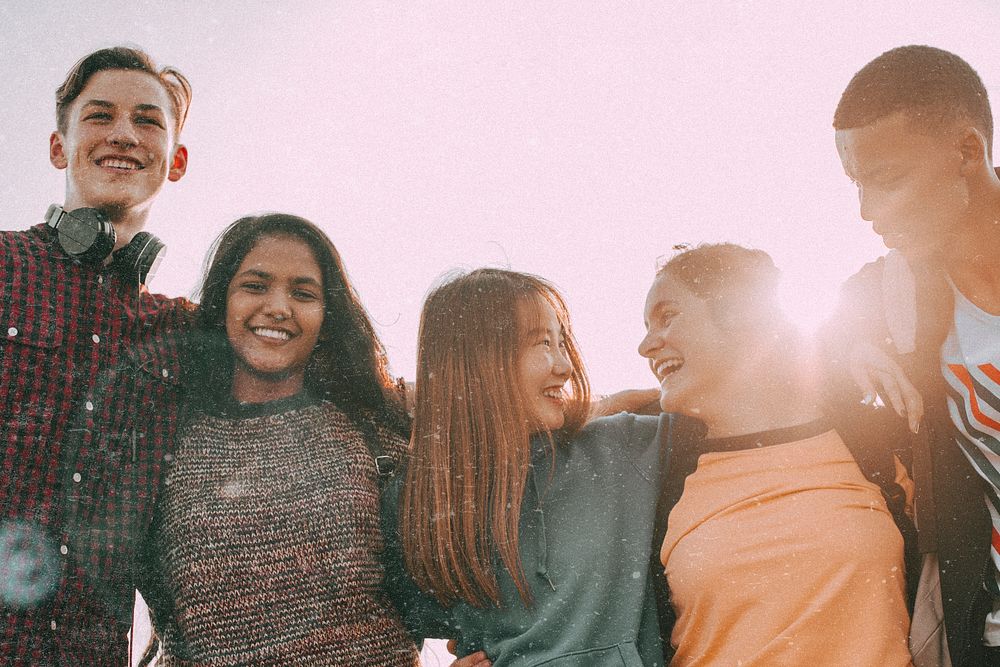 Squad goal, friendship aesthetic with teenagers hugging and smiling