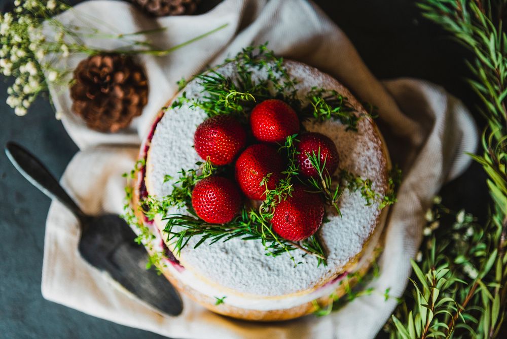 Layered strawberry sponge cake, dessert photography
