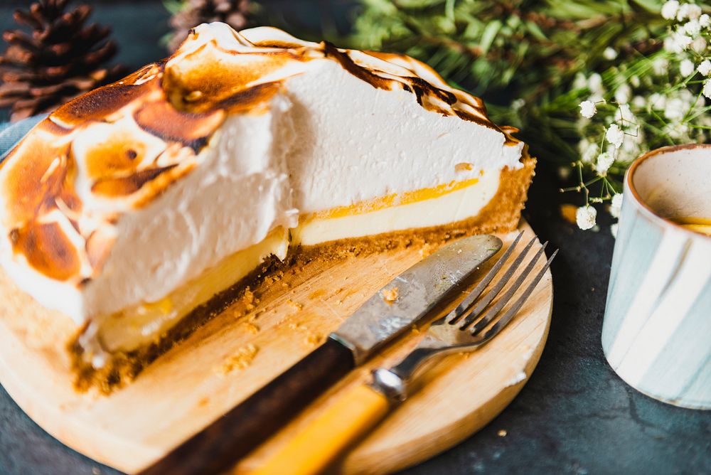 Fluffy homemade lemon meringue pie, dessert photography
