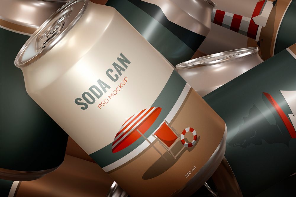 Soda can mockup psd, vacation beverage packaging design