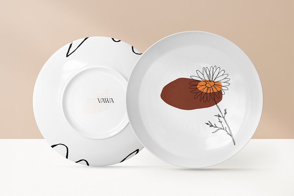 Porcelain plate mockup, floral tableware, realistic object psd