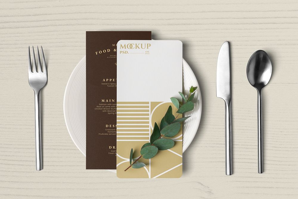 Menu paper mockup, aesthetic tableware & cutlery for restaurants psd