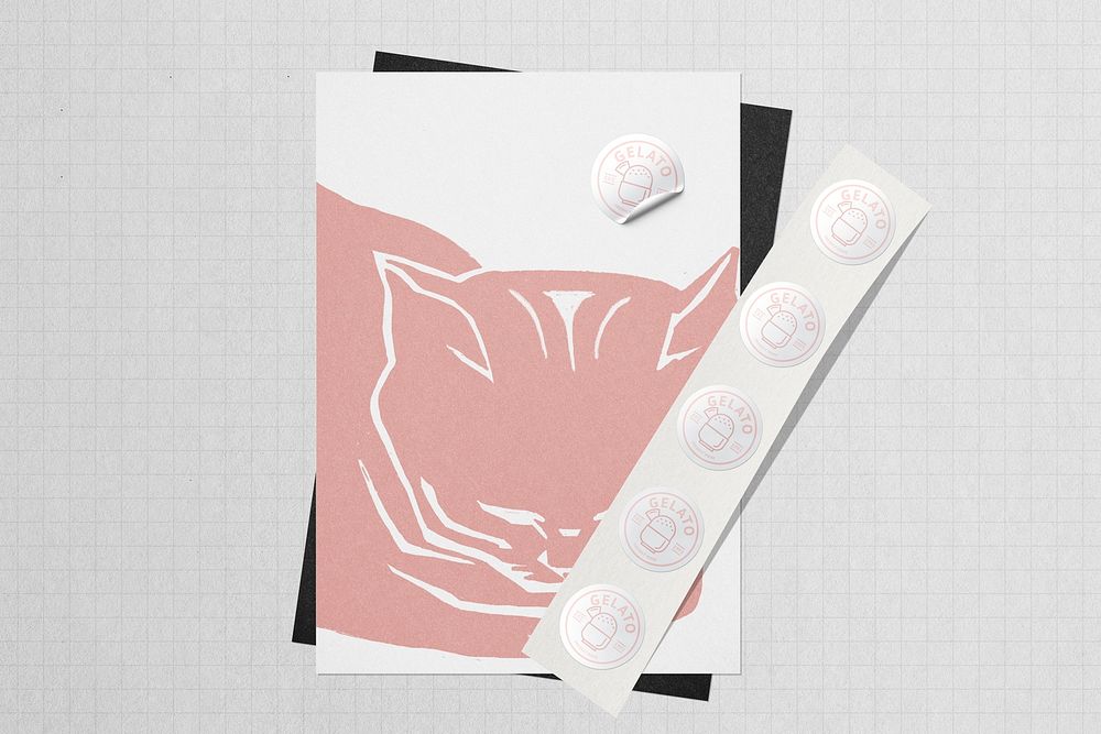 Cat poster, sticker mockup, pink aesthetic business branding psd