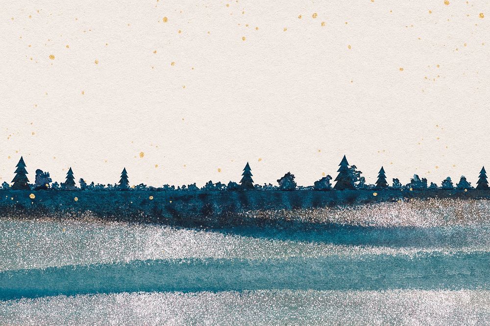 Winter forest background, blue watercolor holiday design