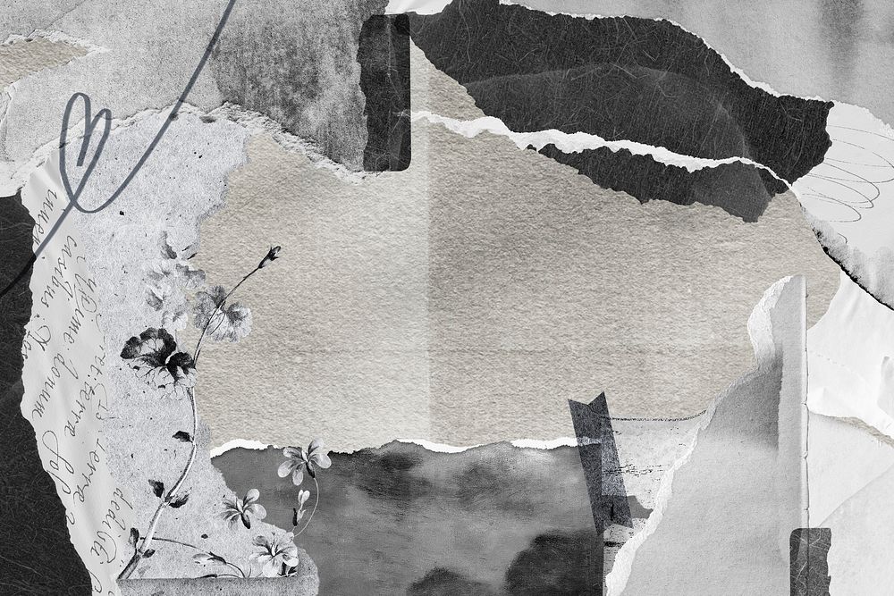 Scrapbook collage background, paper texture in black and white