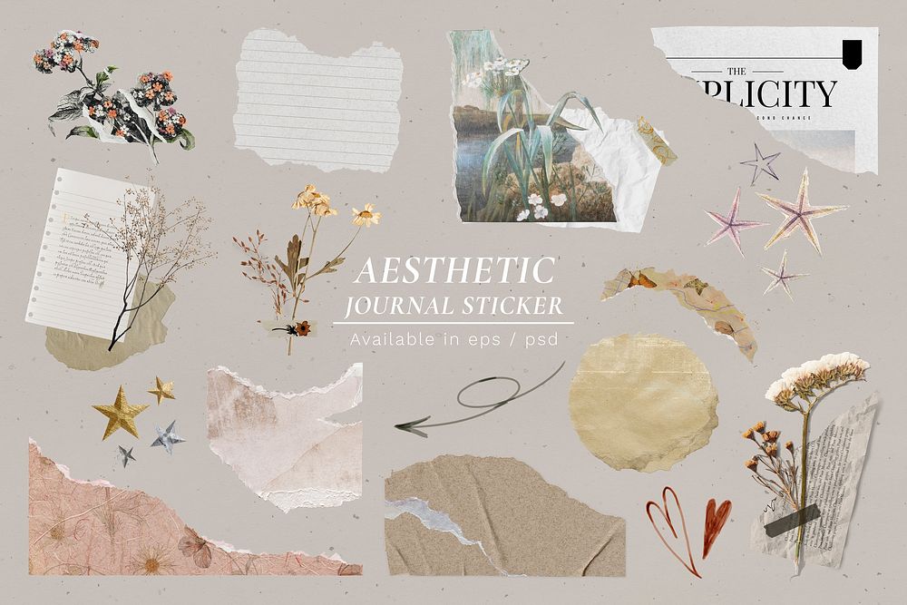Aesthetic journal sticker, dried flower and ripped paper collage art set psd