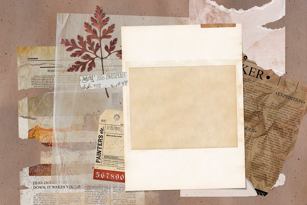 Autumn collage frame, ripped paper with brown leaf