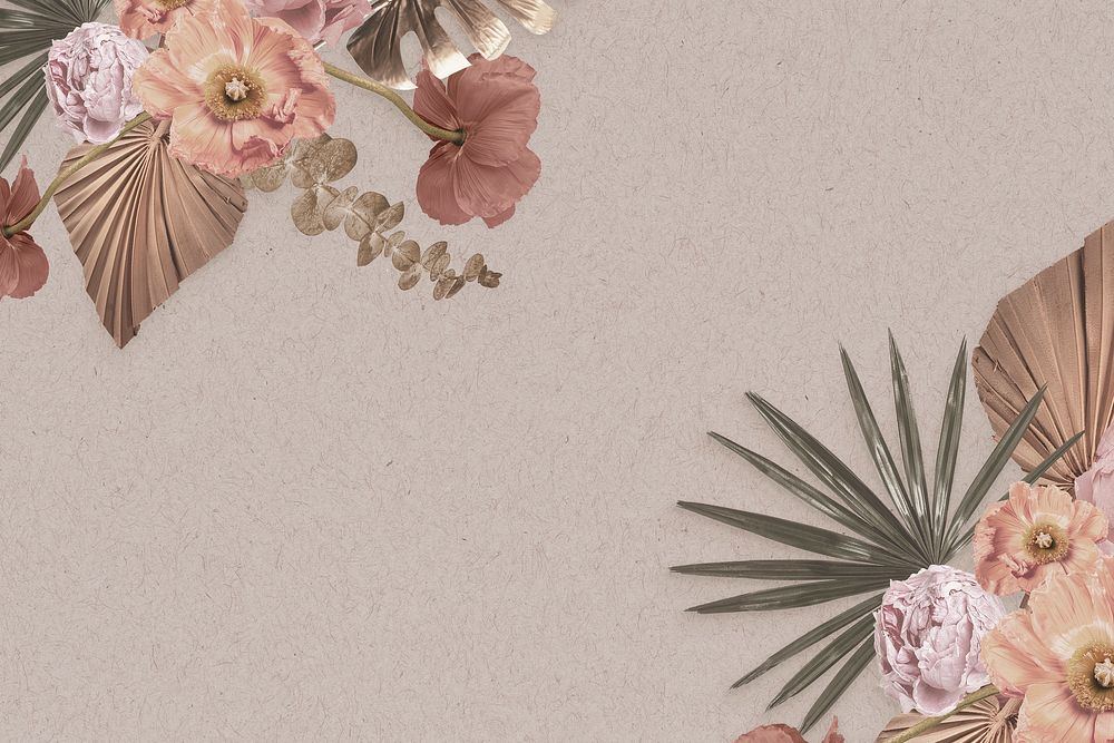 Beautiful floral beige background, aesthetic gold leaf border psd