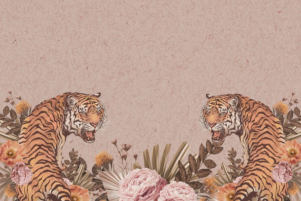 Wild tiger background psd, aesthetic pink floral design space