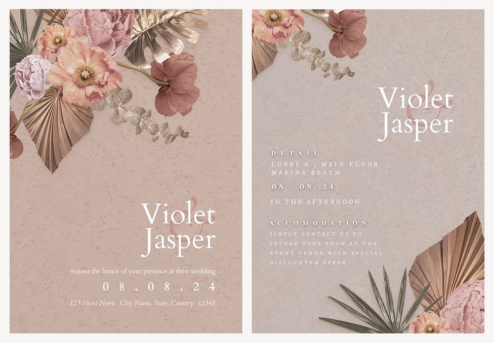 Flower wedding invitation card template, aesthetic beige design set vector