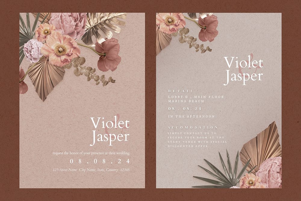 Romantic wedding invitation card template, aesthetic beige design set psd