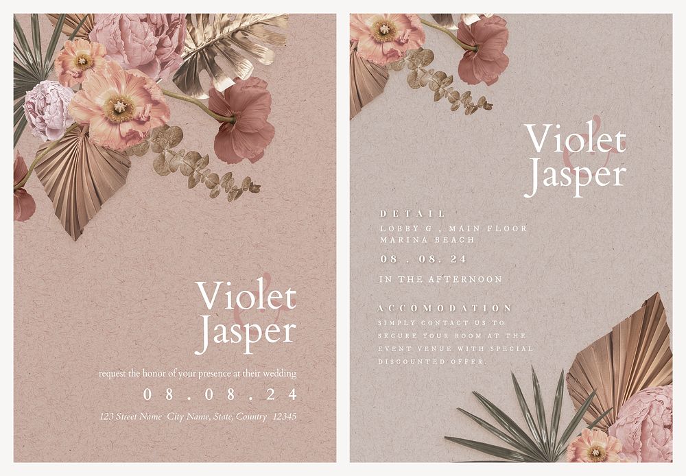 Floral wedding invitation card template, aesthetic beige design set psd