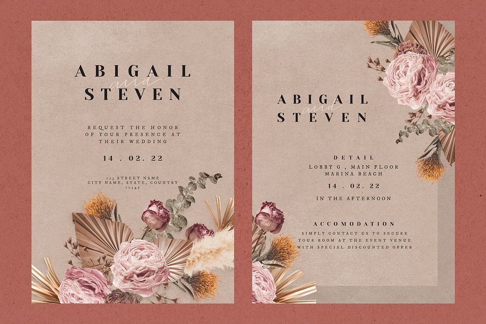 Romantic wedding invitation card template, aesthetic beige design set psd