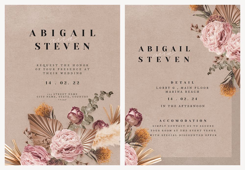 Floral wedding invitation card template, aesthetic beige design set psd