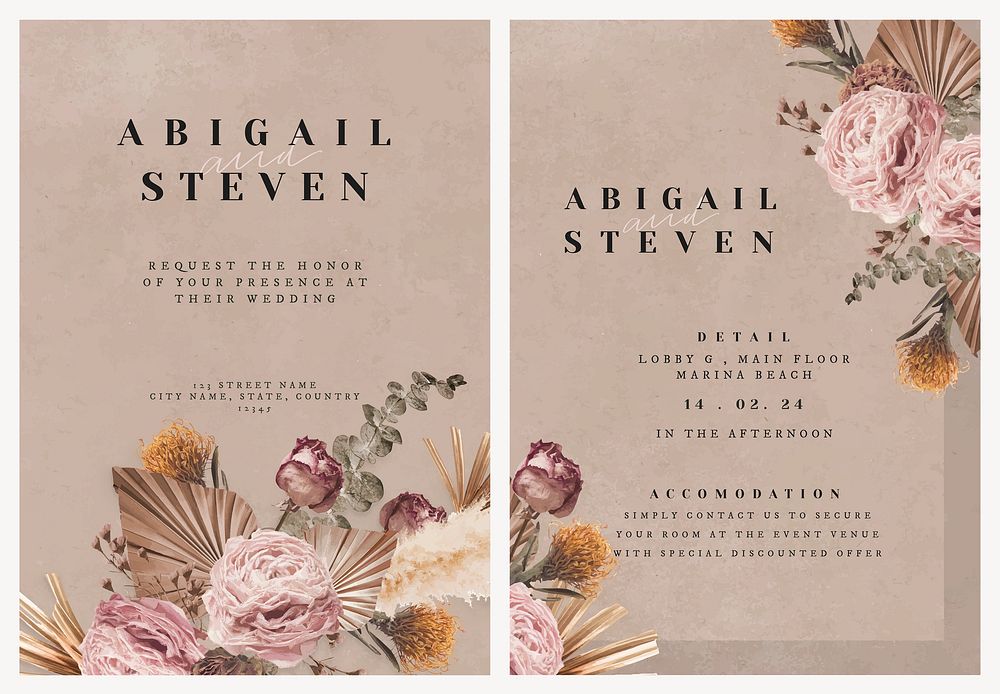Beige wedding invitation card template, aesthetic design set vector