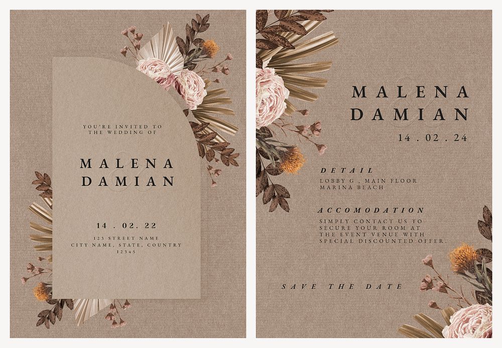 Floral wedding invitation card template, rsvp aesthetic beige design set psd