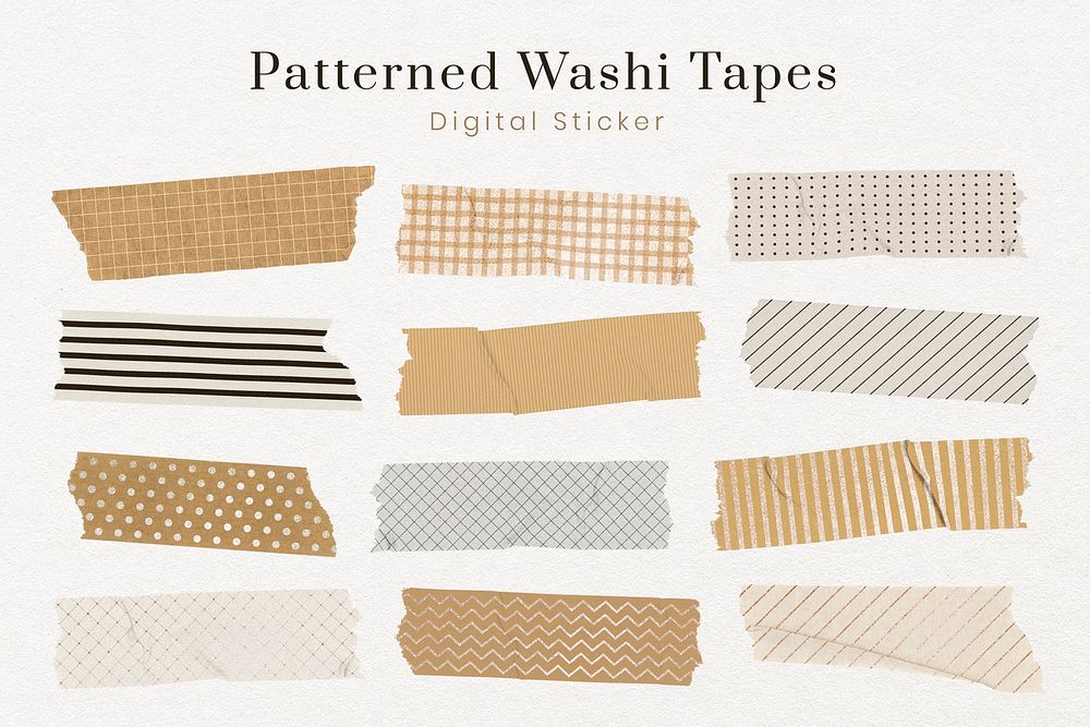 Brown pattern washi tape clipart, cute digital decorative stickers psd set