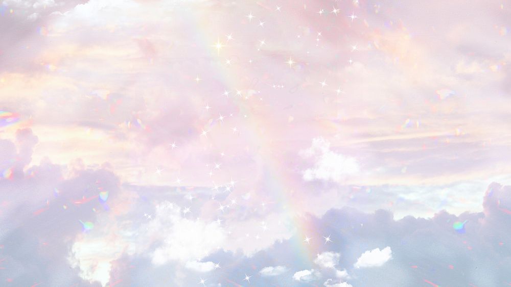 Aesthetic pink desktop wallpaper, rainbow sky with glitter design