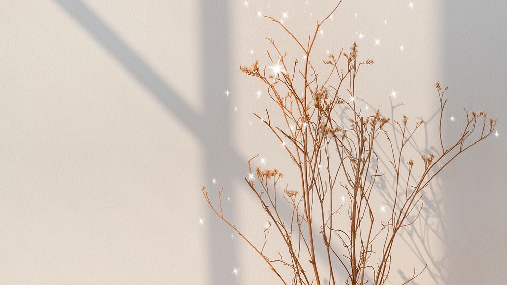 Aesthetic beige desktop wallpaper, dried flower with shadow, glitter design