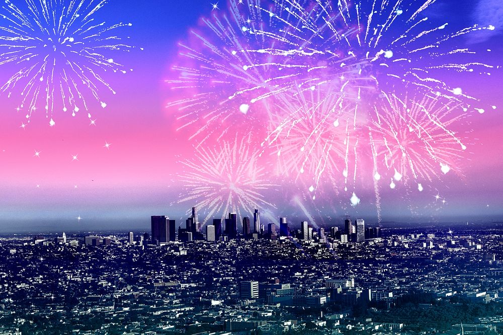 Firework background psd, new year celebration, pink sky