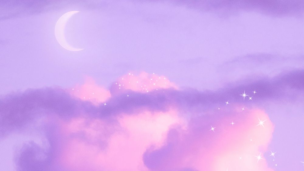 Aesthetic dreamy desktop wallpaper, purple cloudy sky, glitter design