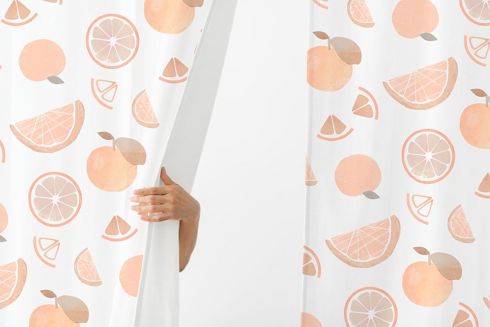Realistic curtain mockup, cute grapefruit pattern psd
