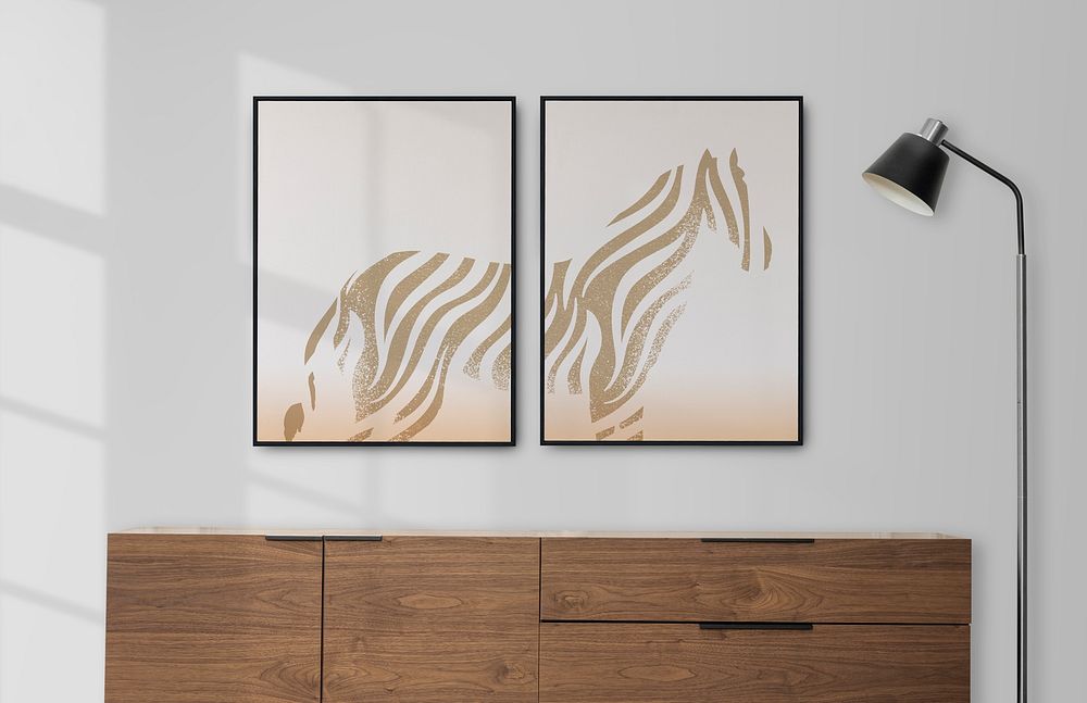 Photo frame mockup, minimal living room decoration with animal picture psd