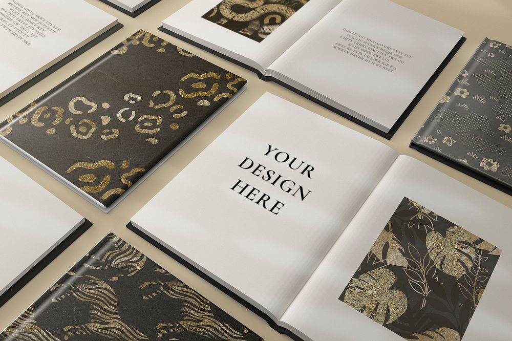 Book mockup, page & cover in gold abstract design for publishing psd