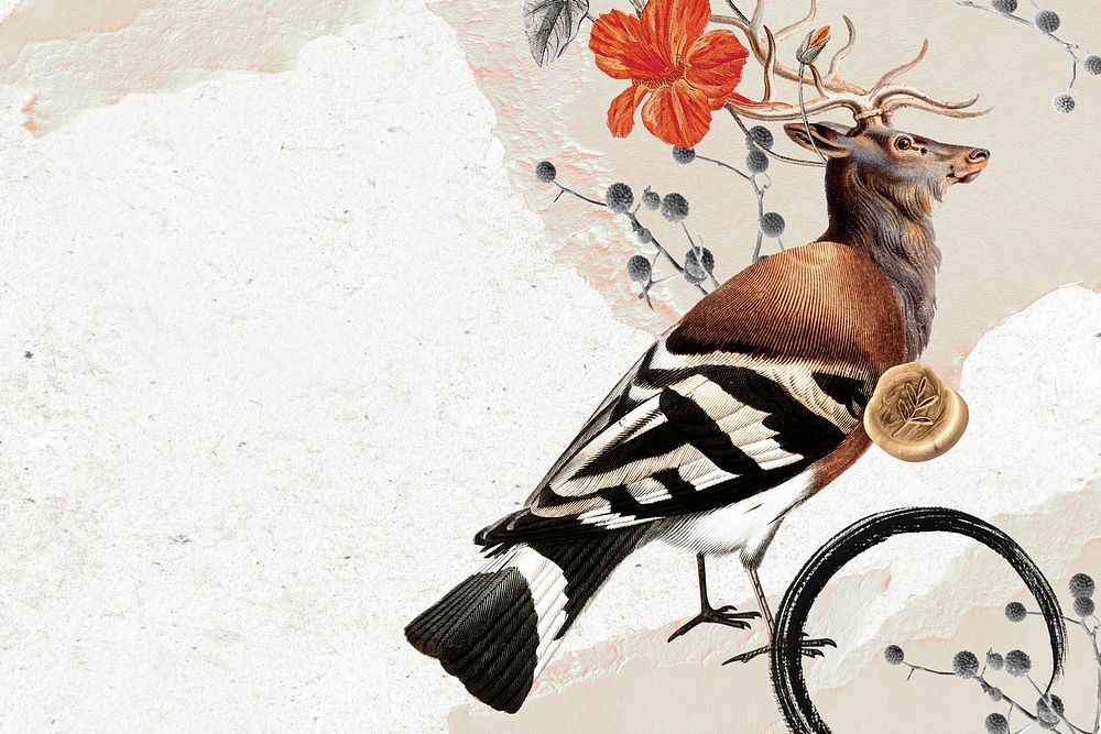 Deer and bird illustration background, animal collage scrapbook mixed media artwork psd