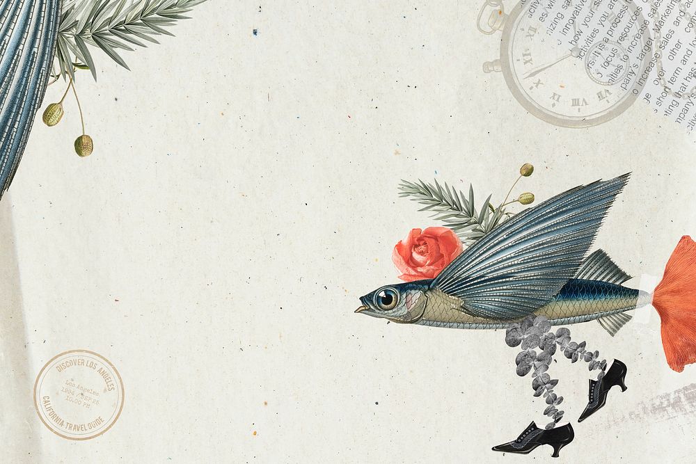 Fish illustration background, animal collage scrapbook mixed media artwork psd