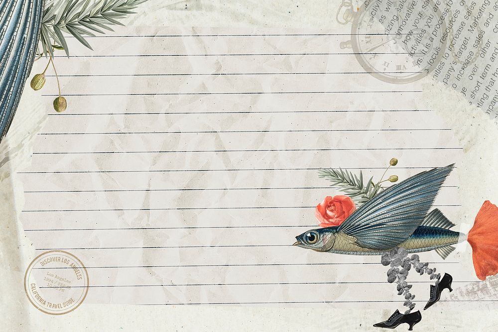 Retro fish illustration digital note, surreal hybrid animal scrapbook collage art element background psd